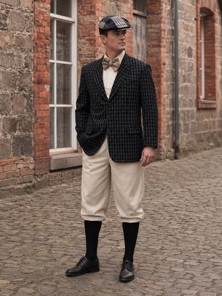 „20er Jahre Herren Outfit mit kariertem Sakko, Knickerbocker Hose, Patchwork Schiebermütze und Fliege in historischer Kulisse“