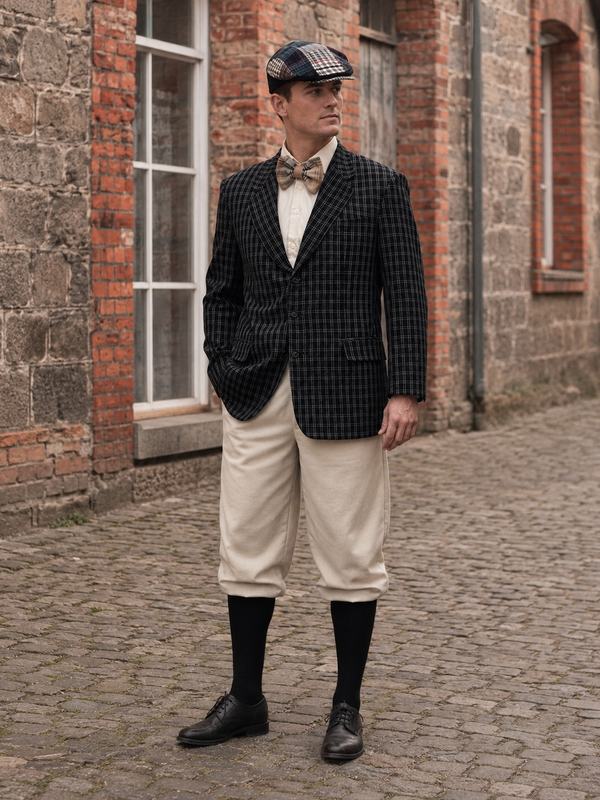 „20er Jahre Herren Outfit mit kariertem Sakko, Knickerbocker Hose, Patchwork Schiebermütze und Fliege in historischer Kulisse“