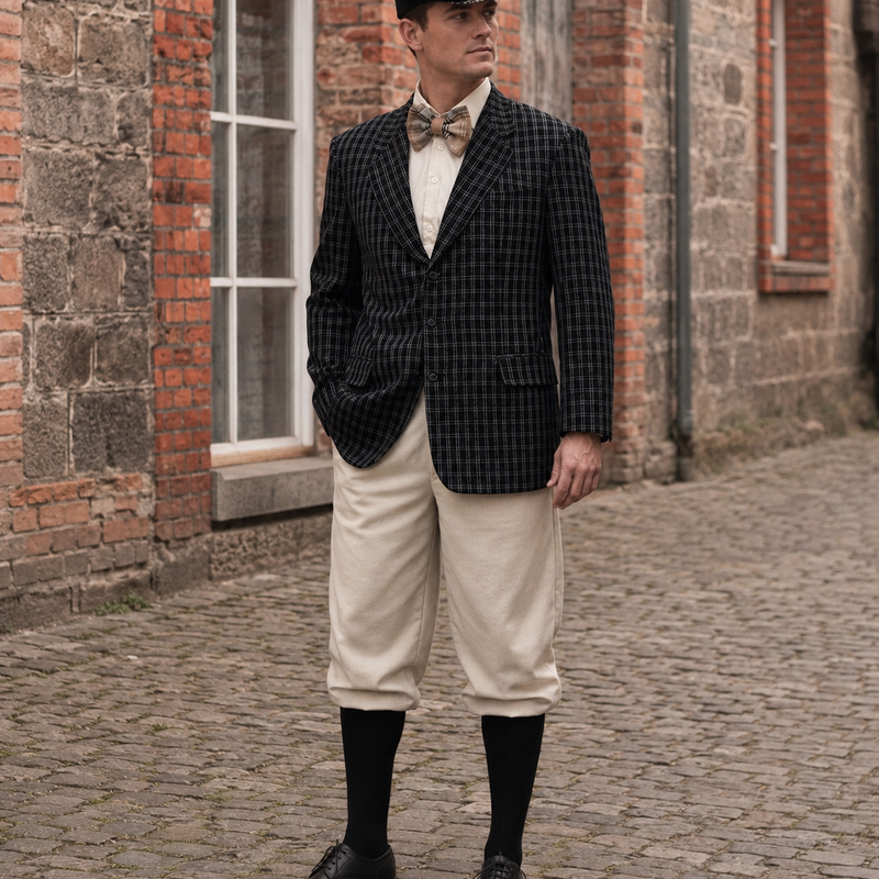 „20er Jahre Herren Outfit mit kariertem Sakko, Knickerbocker Hose, Patchwork Schiebermütze und Fliege in historischer Kulisse“