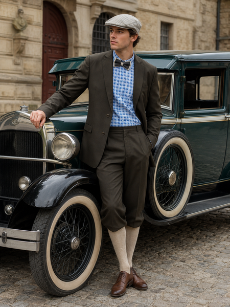 „20er Jahre Herren Outfit mit braunem Sakko, Knickerbocker Hose, blau kariertem Hemd, Fliege und Schiebermütze an männlichem Modell vor historischem Oldtimer“