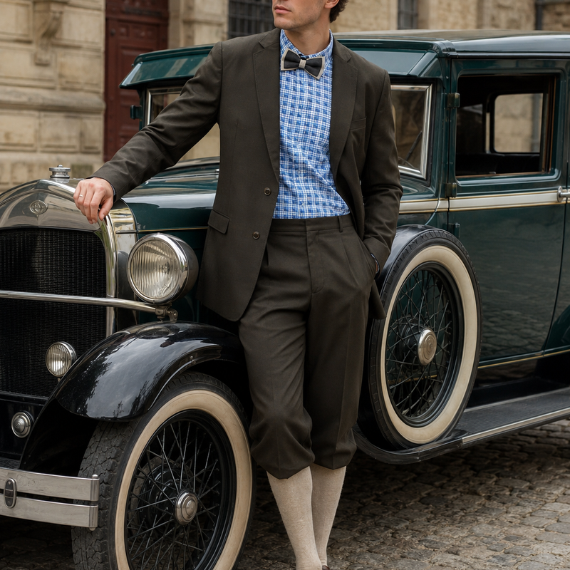 „20er Jahre Herren Outfit mit braunem Sakko, Knickerbocker Hose, blau kariertem Hemd, Fliege und Schiebermütze an männlichem Modell vor historischem Oldtimer“