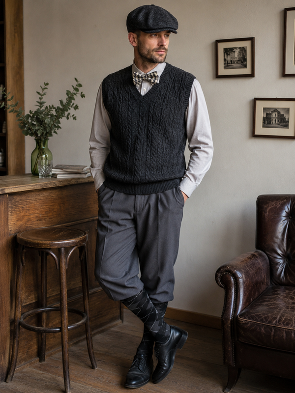 20er Jahre Herren Outfit mit Knickerbocker Hose, Pullunder, Schiebermütze und Fliege im Vintage Gatsby Stil für Herren