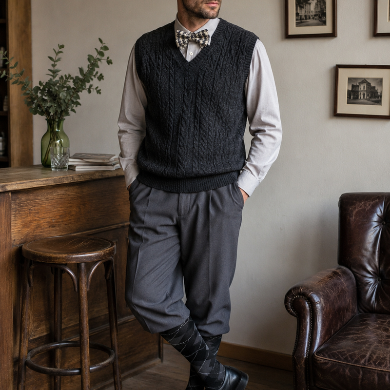 20er Jahre Herren Outfit mit Knickerbocker Hose, Pullunder, Schiebermütze und Fliege im Vintage Gatsby Stil für Herren
