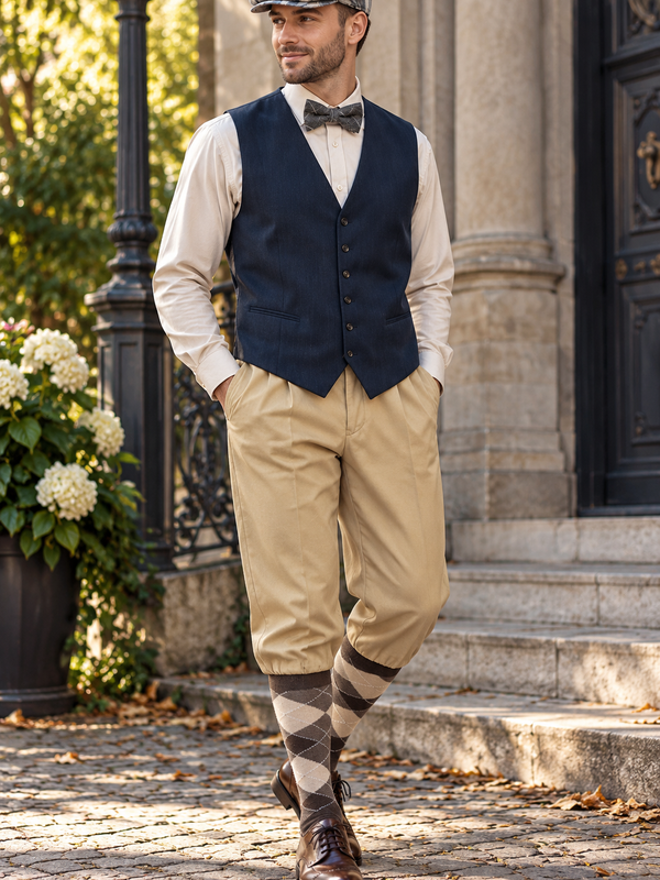 20er Jahre Herren Outfit mit dunkelblauer Weste, beiger Knickerbockerhose, Schiebermütze, Fliege und Kniestrümpfen am Model