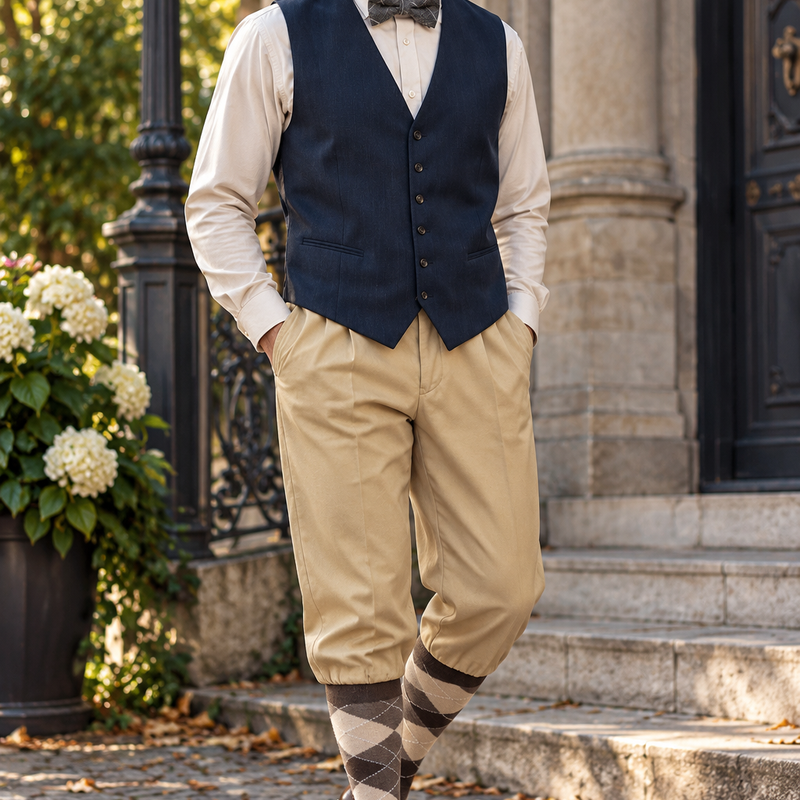 20er Jahre Herren Outfit mit dunkelblauer Weste, beiger Knickerbockerhose, Schiebermütze, Fliege und Kniestrümpfen am Model