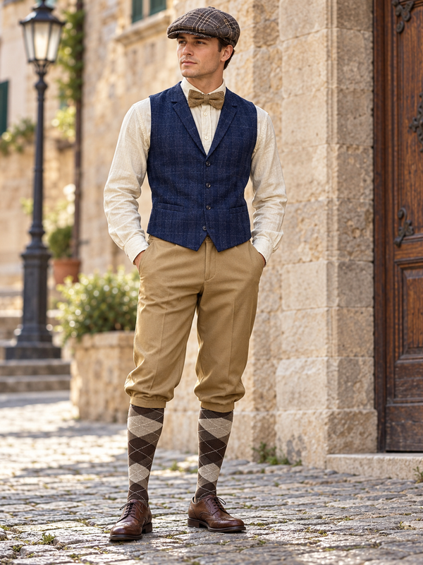 20er Jahre Herren Outfit mit blauer Weste, beigefarbener Knickerbockerhose, Schiebermütze, Fliege und Kniestrümpfen als KI-Tragebeispiel.