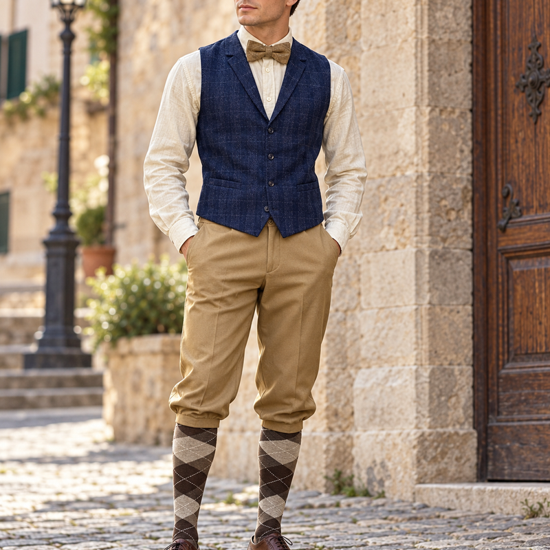 20er Jahre Herren Outfit mit blauer Weste, beigefarbener Knickerbockerhose, Schiebermütze, Fliege und Kniestrümpfen als KI-Tragebeispiel.