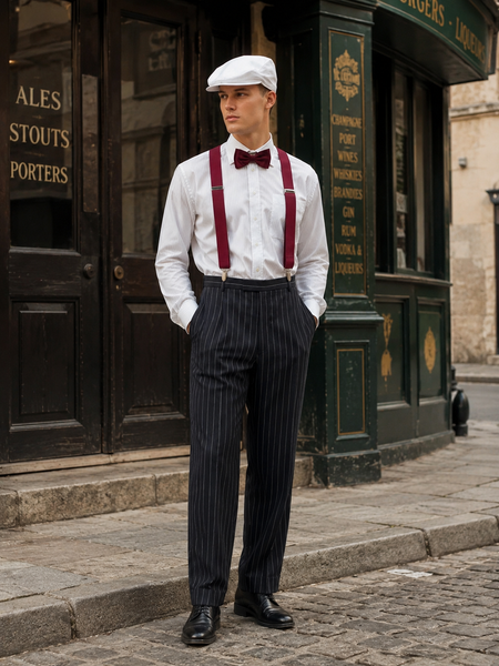 KI-generiert: Herren Outfit im 20er-Jahre-Stil mit schwarzer Nadelstreifenhose, weißem Hemd, bordeauxroten Hosenträgern und Fliege sowie weißer Schiebermütze