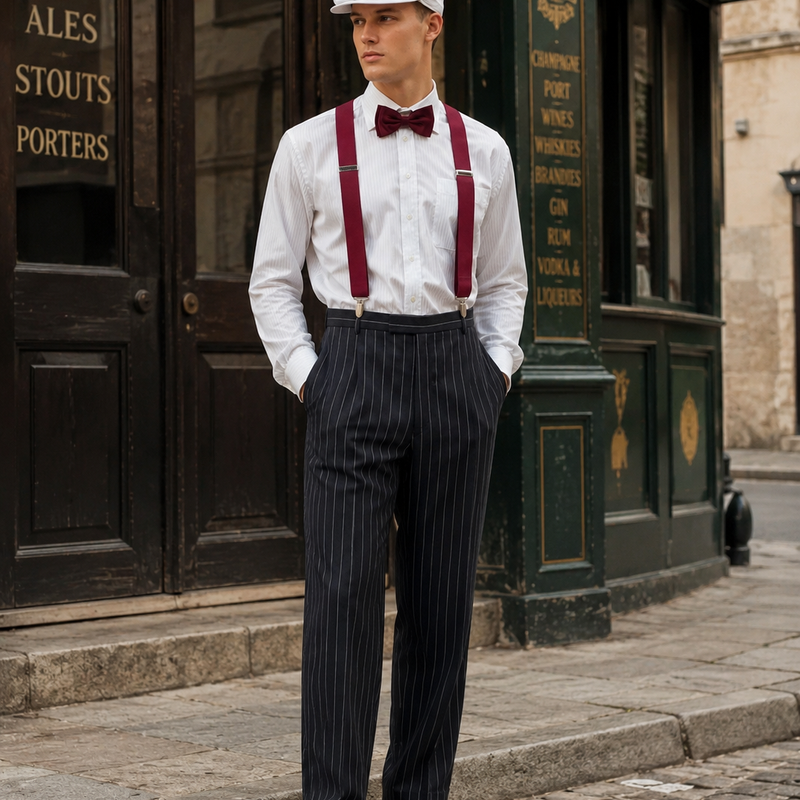 KI-generiert: Herren Outfit im 20er-Jahre-Stil mit schwarzer Nadelstreifenhose, weißem Hemd, bordeauxroten Hosenträgern und Fliege sowie weißer Schiebermütze