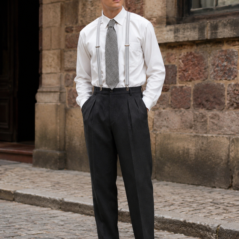 „20er Jahre Herren Outfit mit Schiebermütze, weißem Hemd, grauer Krawatte, Hosenträgern und dunkler Bundfaltenhose an männlichem Modell vor historischer Steinfassade“