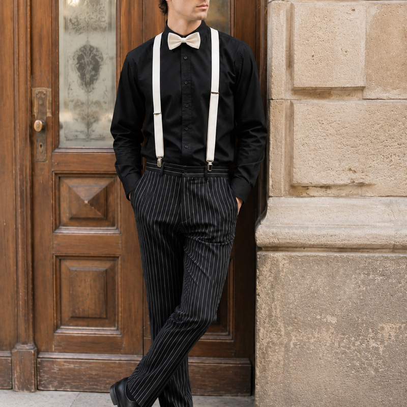 KI-generiertes 20er Jahre Herren Outfit mit schwarzem Hemd, Nadelstreifenhose, weißen Hosenträgern, Fliege und Schiebermütze.