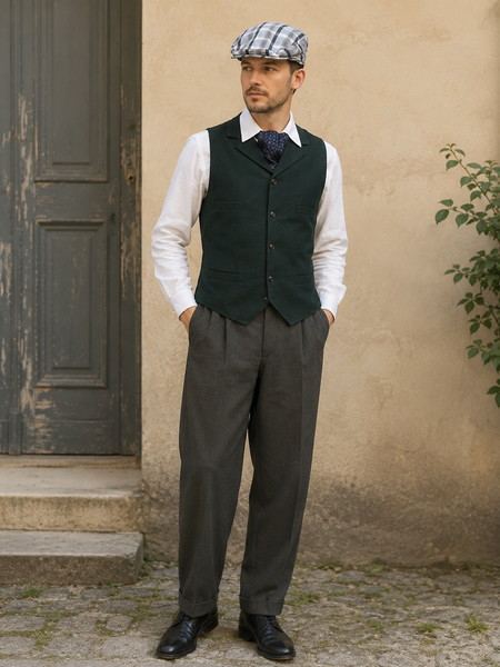 20er Jahre Herren Outfit mit Weste, Bundfaltenhose und Schiebermütze