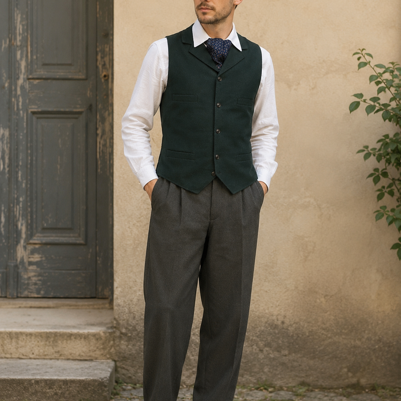 20er Jahre Herren Outfit mit Weste, Bundfaltenhose und Schiebermütze