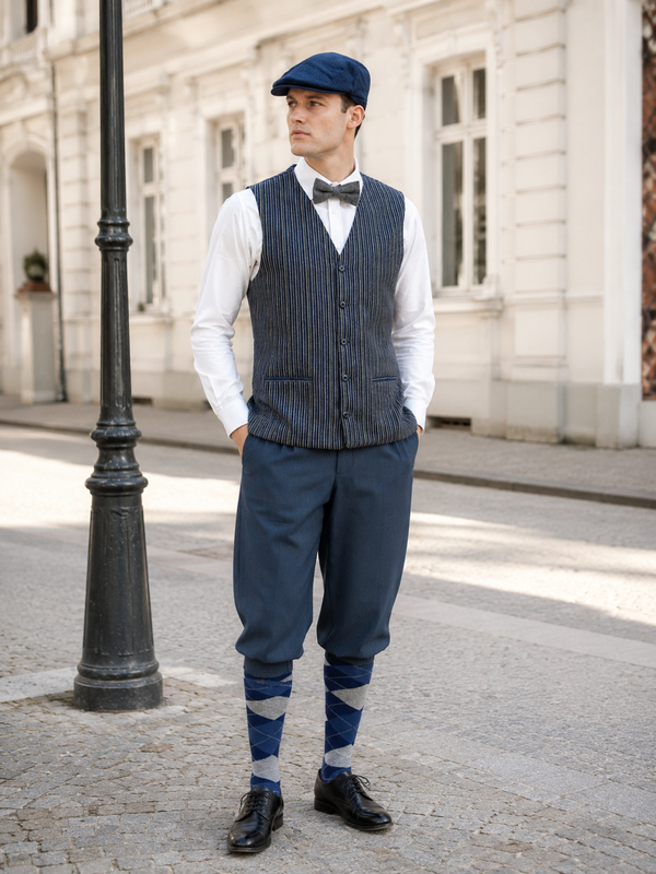 KI-generiertes Bild eines Herren Outfits im 20er Jahre Stil mit Weste, Knickerbocker, Schiebermütze, Fliege und Kniestrümpfen.