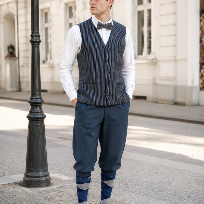 KI-generiertes Bild eines Herren Outfits im 20er Jahre Stil mit Weste, Knickerbocker, Schiebermütze, Fliege und Kniestrümpfen.