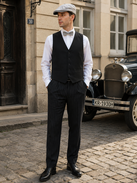 KI-generiert – 20er Jahre Herren Outfit mit schwarzer Weste, weißem Hemd, Nadelstreifenhose, grauer Schiebermütze und silberner Fliege am Oldtimer.