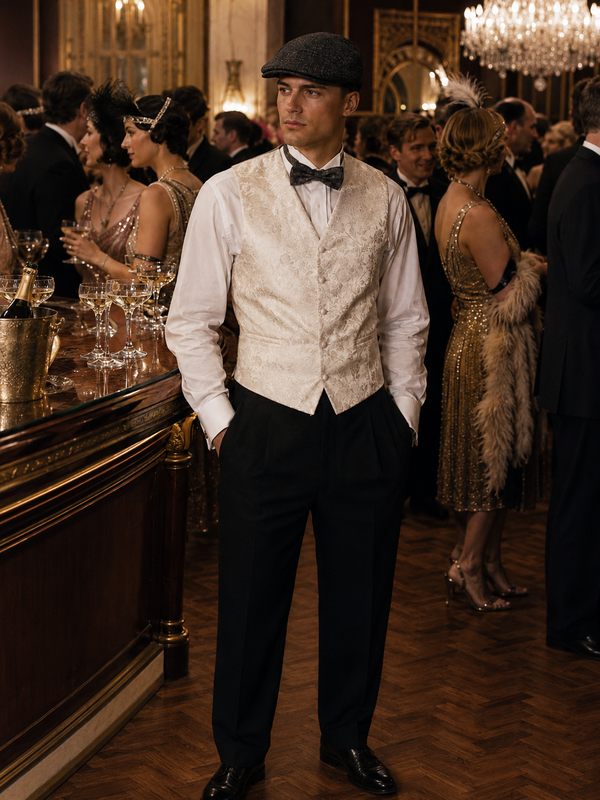 KI-generiert: Herren 20er Jahre Outfit mit cremefarbener Brokatweste, weißem Hemd, Fliege, schwarzer Hose und Schiebermütze auf festlicher Gatsby-Party.