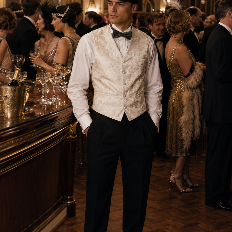 KI-generiert: Herren 20er Jahre Outfit mit cremefarbener Brokatweste, weißem Hemd, Fliege, schwarzer Hose und Schiebermütze auf festlicher Gatsby-Party.