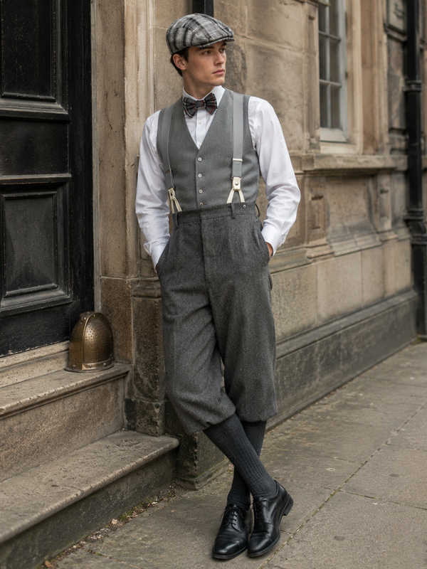 KI-generierter Herrenlook im 20er-Jahre-Stil mit karierter Schiebermütze, grauen Hosenträgern, Fliege, Weste und Knickerbockerhose.