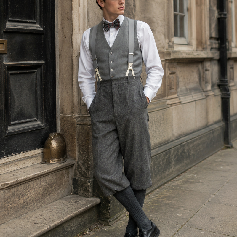 KI-generierter Herrenlook im 20er-Jahre-Stil mit karierter Schiebermütze, grauen Hosenträgern, Fliege, Weste und Knickerbockerhose.