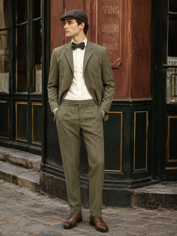 KI-generiert – 20er Jahre Herren Outfit mit grünem Nadelstreifenanzug, Schiebermütze, Fliege und hellem Hemd im Vintage-Stil.