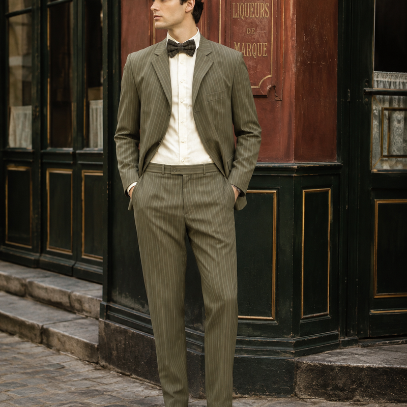 KI-generiert – 20er Jahre Herren Outfit mit grünem Nadelstreifenanzug, Schiebermütze, Fliege und hellem Hemd im Vintage-Stil.