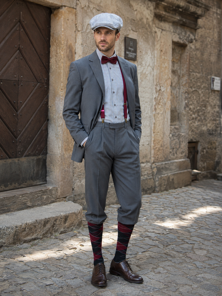 KI-generiert:  Model in realer Umgebung mit 20er Jahre Herrenoutfit in Grau, Schiebermütze, bordeauxfarbener Fliege, kariertem Hemd und Vintage-Hose.