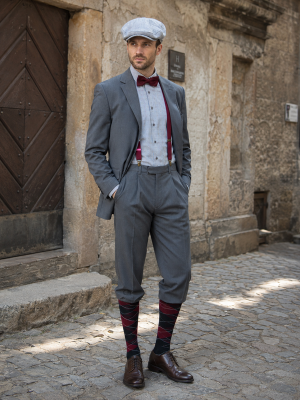KI-generiert:  Model in realer Umgebung mit 20er Jahre Herrenoutfit in Grau, Schiebermütze, bordeauxfarbener Fliege, kariertem Hemd und Vintage-Hose.