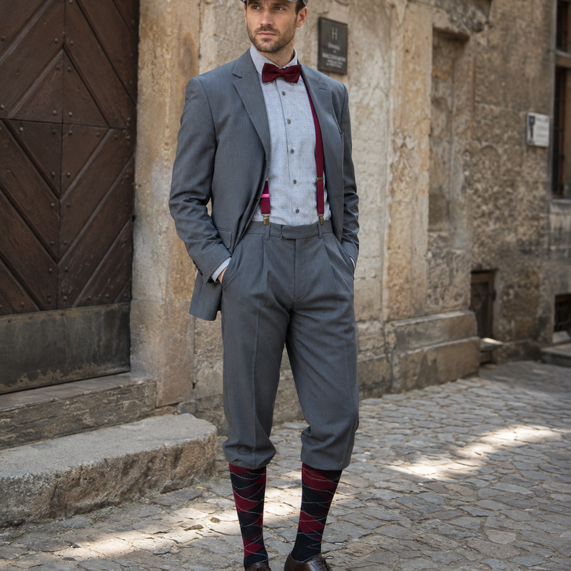 KI-generiert:  Model in realer Umgebung mit 20er Jahre Herrenoutfit in Grau, Schiebermütze, bordeauxfarbener Fliege, kariertem Hemd und Vintage-Hose.