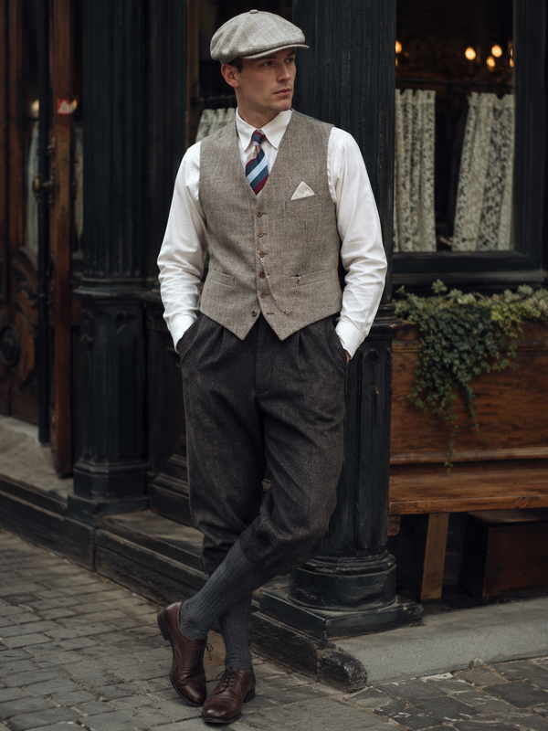 KI-generiertes Herrenoutfit im 20er-Jahre-Stil mit Knickerbockerhose, Weste, weißem Hemd, Schiebermütze, gestreifter Krawatte und Einstecktuch.