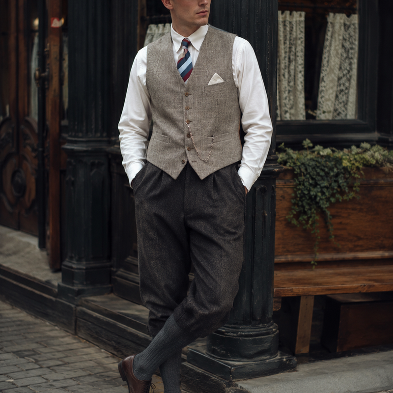 KI-generiertes Herrenoutfit im 20er-Jahre-Stil mit Knickerbockerhose, Weste, weißem Hemd, Schiebermütze, gestreifter Krawatte und Einstecktuch.