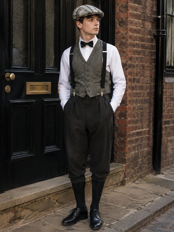 KI-generierter Herrenlook im 20er-Jahre-Stil mit karierter Schiebermütze, schwarzen Hosenträgern, Fliege, Weste und Knickerbockerhose.
