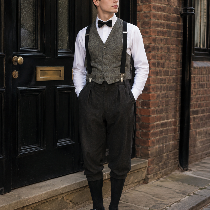 KI-generierter Herrenlook im 20er-Jahre-Stil mit karierter Schiebermütze, schwarzen Hosenträgern, Fliege, Weste und Knickerbockerhose.