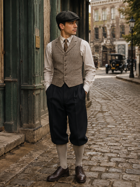 KI-generiertes Herrenoutfit im 20er-Jahre-Stil mit schwarzen Knickerbockern, karierter Weste, Hemd, Krawatte und Schiebermütze.