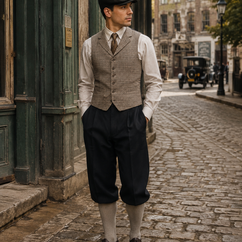 KI-generiertes Herrenoutfit im 20er-Jahre-Stil mit schwarzen Knickerbockern, karierter Weste, Hemd, Krawatte und Schiebermütze.