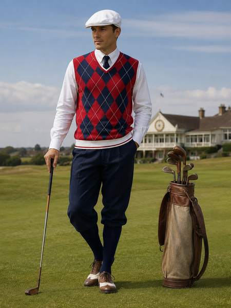 „Herren im 20er-Jahre Hickory-Golf-Outfit mit rotem Rauten-Pullunder, Knickerbocker, weißem Hemd, Strickkrawatte und weißer Schiebermütze auf historischem Golfplatz“