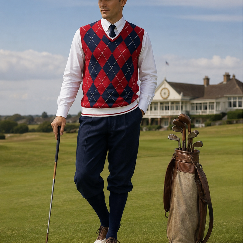 „Herren im 20er-Jahre Hickory-Golf-Outfit mit rotem Rauten-Pullunder, Knickerbocker, weißem Hemd, Strickkrawatte und weißer Schiebermütze auf historischem Golfplatz“