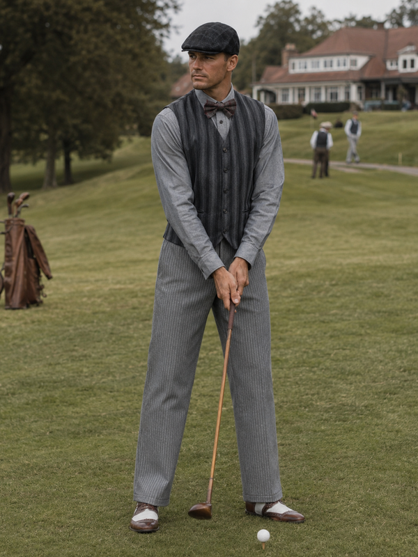 „Echtes Model im grauen 20er Jahre Herren Outfit mit Weste, Schiebermütze und Fliege beim Hickory Golf auf historischem Golfplatz“