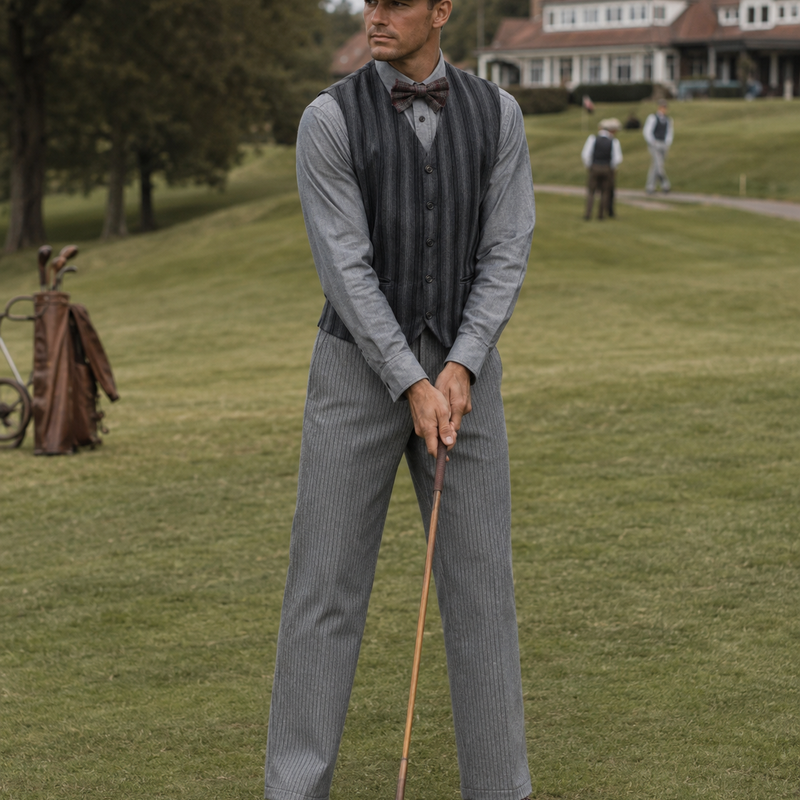 „Echtes Model im grauen 20er Jahre Herren Outfit mit Weste, Schiebermütze und Fliege beim Hickory Golf auf historischem Golfplatz“