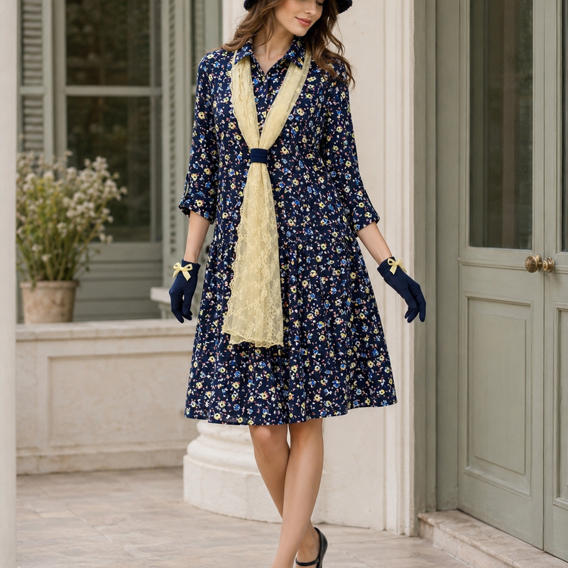 „20er Jahre Outfit mit blau floralem Kleid, passendem Hut, gelbem Spitzenschal und dunkelblauen Handschuhen vor klassischer Hausfassade“