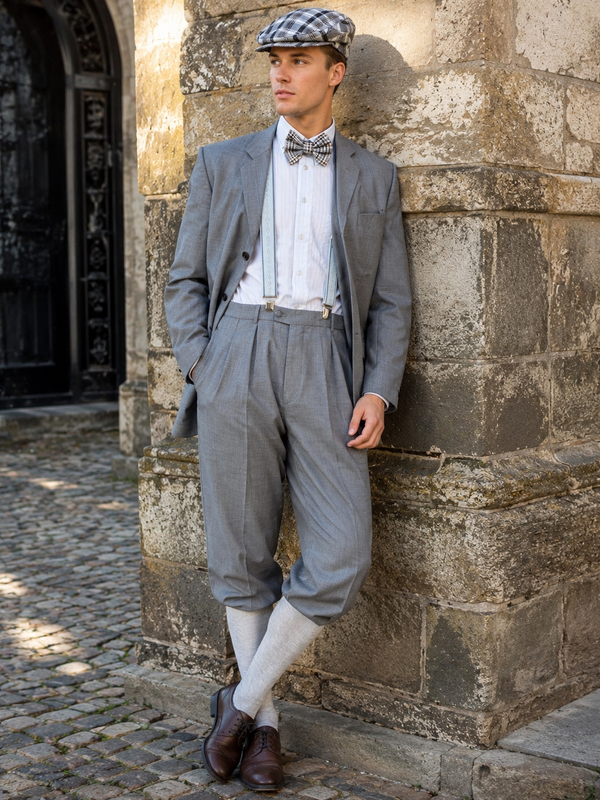 „Herren Knickerbocker Anzug im 20er Jahre Stil in Grau mit Sakko, Kniebundhose, weißem Hemd, Hosenträgern, karierter Fliege und passender Schiebermütze“