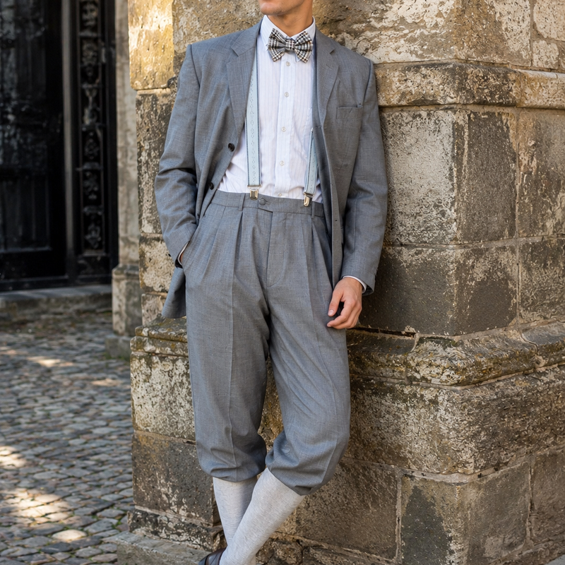 „Herren Knickerbocker Anzug im 20er Jahre Stil in Grau mit Sakko, Kniebundhose, weißem Hemd, Hosenträgern, karierter Fliege und passender Schiebermütze“