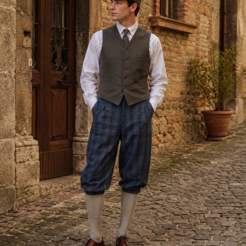 KI-generiertes Bild eines Herren-Outfits im 20er-Jahre-Stil mit blau karierter Knickerbocker, grauer Weste, weißem Hemd, Krawatte, Schiebermütze und Kniestrümpfen in historischer Gassen-Umgebung
