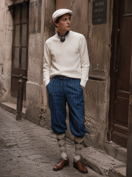 KI-generiertes Bild eines Herren-Outfits im 20er-Jahre-Stil mit blau karierter Knickerbocker, weißem Pullover, weißer Schiebermütze, Seidenschal und Rautenstrümpfen in historischer Gassen-Umgebung