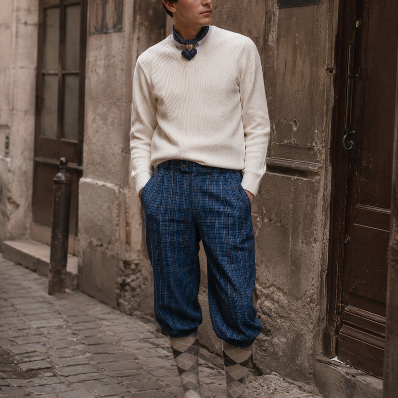 KI-generiertes Bild eines Herren-Outfits im 20er-Jahre-Stil mit blau karierter Knickerbocker, weißem Pullover, weißer Schiebermütze, Seidenschal und Rautenstrümpfen in historischer Gassen-Umgebung