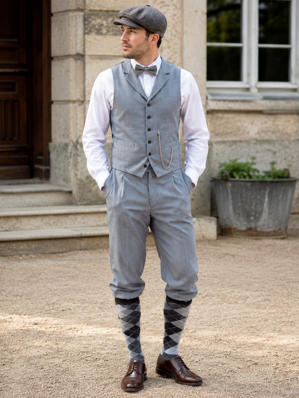 Herren Outfit im 20er Jahre Stil mit grauer Knickerbocker, Weste, Fliege, Schiebermütze und Rauten-Kniestrümpfen vor historischer Kulisse