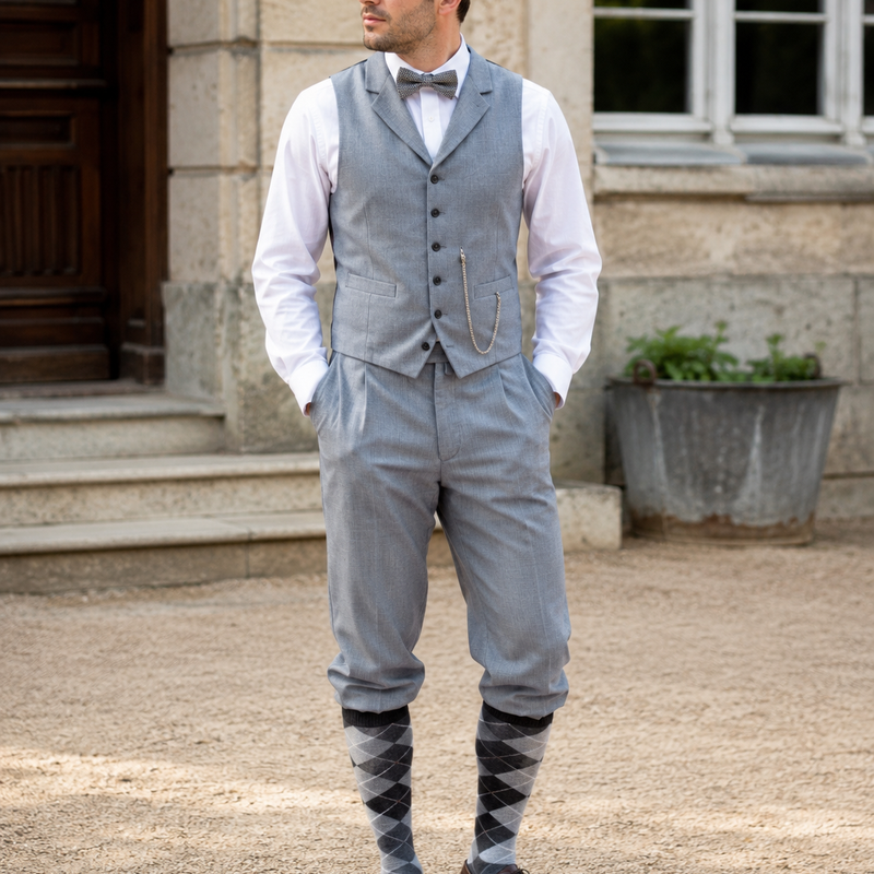 Herren Outfit im 20er Jahre Stil mit grauer Knickerbocker, Weste, Fliege, Schiebermütze und Rauten-Kniestrümpfen vor historischer Kulisse