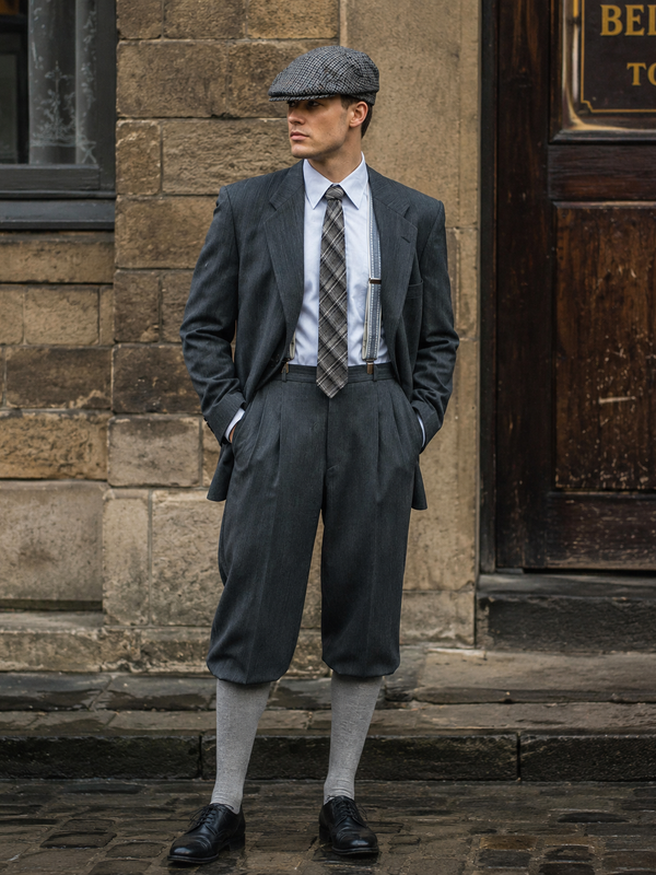 „Echtes Model im grauen 20er Jahre Knickerbocker Outfit mit Schiebermütze, Krawatte, Hosenträgern und Kniestrümpfen vor historischer Kulisse“