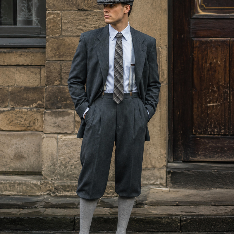 „Echtes Model im grauen 20er Jahre Knickerbocker Outfit mit Schiebermütze, Krawatte, Hosenträgern und Kniestrümpfen vor historischer Kulisse“