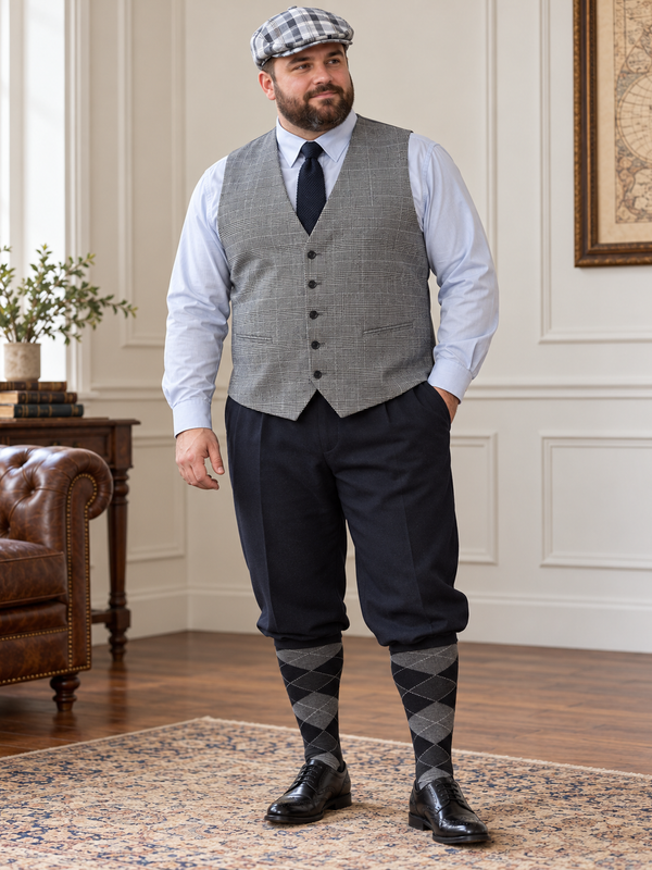 20er Jahre Herren Knickerbocker Outfit große Größe mit karierter Weste und Schiebermütze